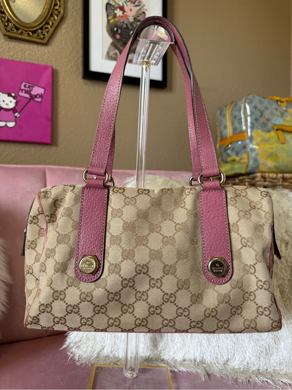💯 Auth! GUCCI Beige GG Canvas Shoulder Boston Bag w Pink Leather Gold Hardware